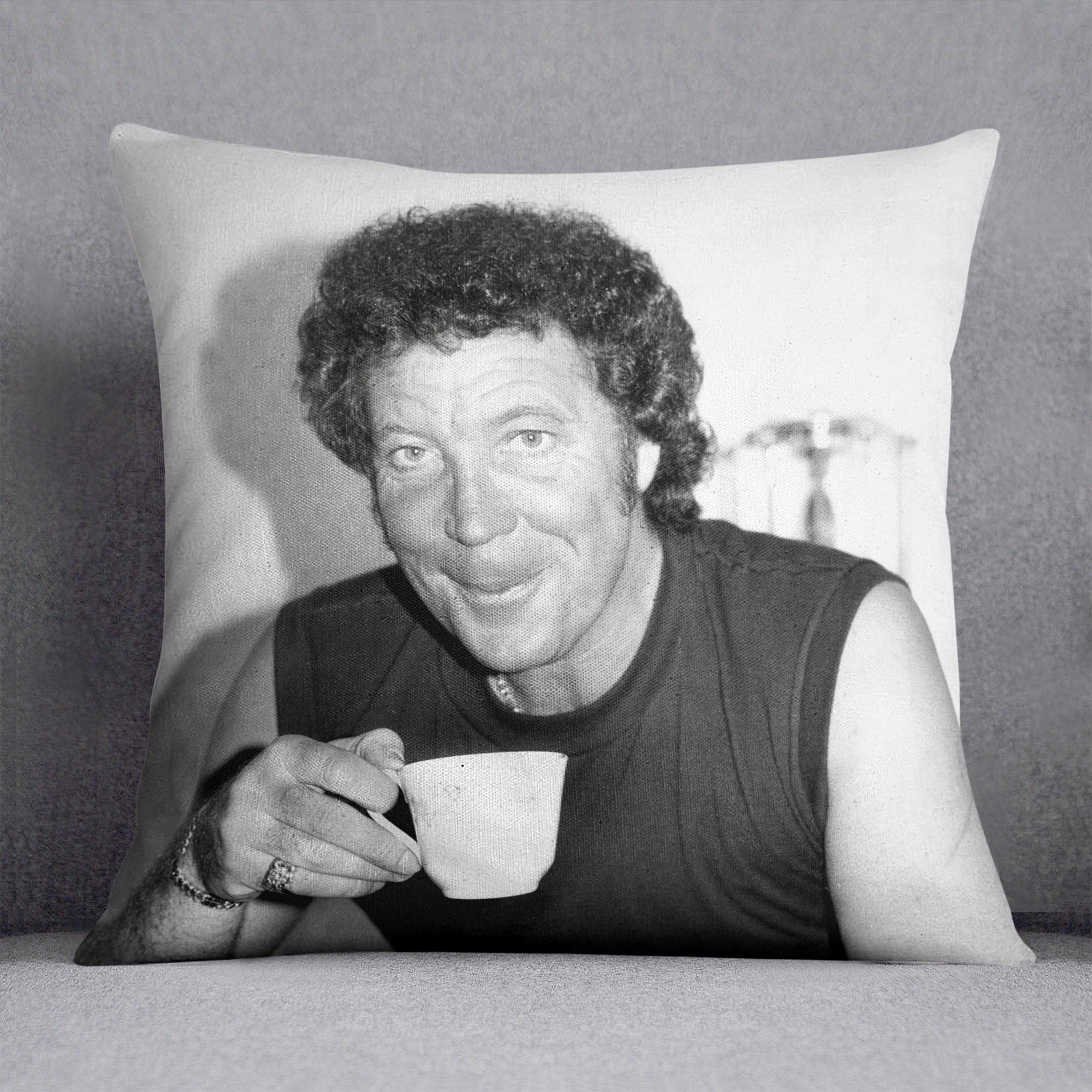 Tom Jones with a cuppa Cushion - Canvas Art Rocks - 1