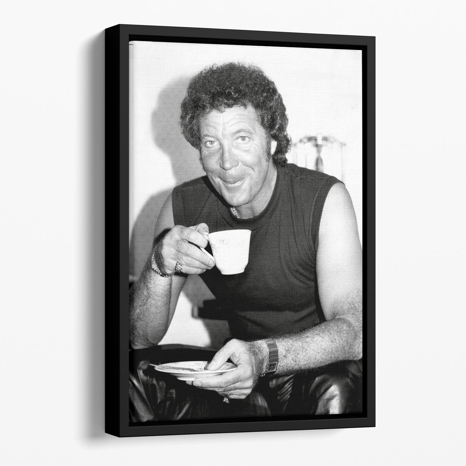 Tom Jones with a cuppa Floating Framed Canvas - Canvas Art Rocks - 1