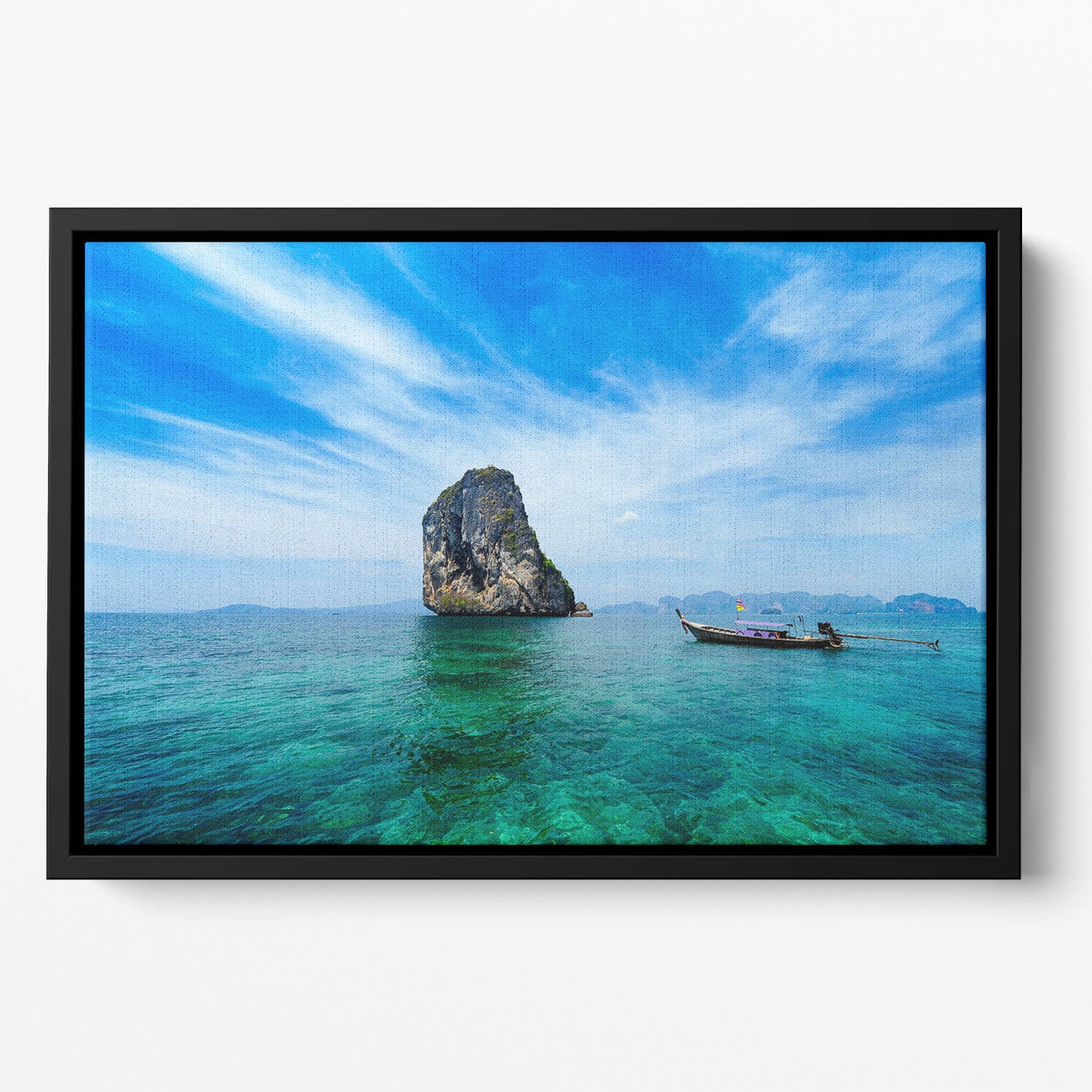 Traditional Thai boat in the blue sea Floating Framed Canvas