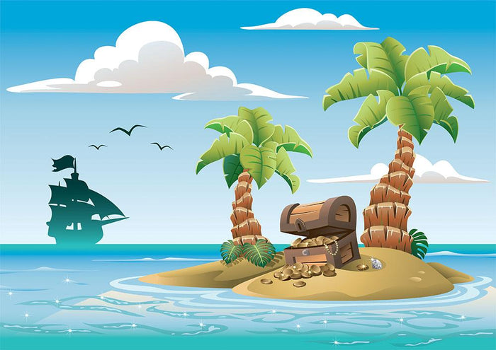 Treasure chest on the unhabited tropical island Wall Mural Wallpaper