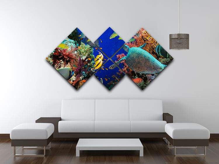 Tropical Anthias fish with net fire corals and shark on Red Sea reef 4 Square Multi Panel Canvas - Canvas Art Rocks - 3