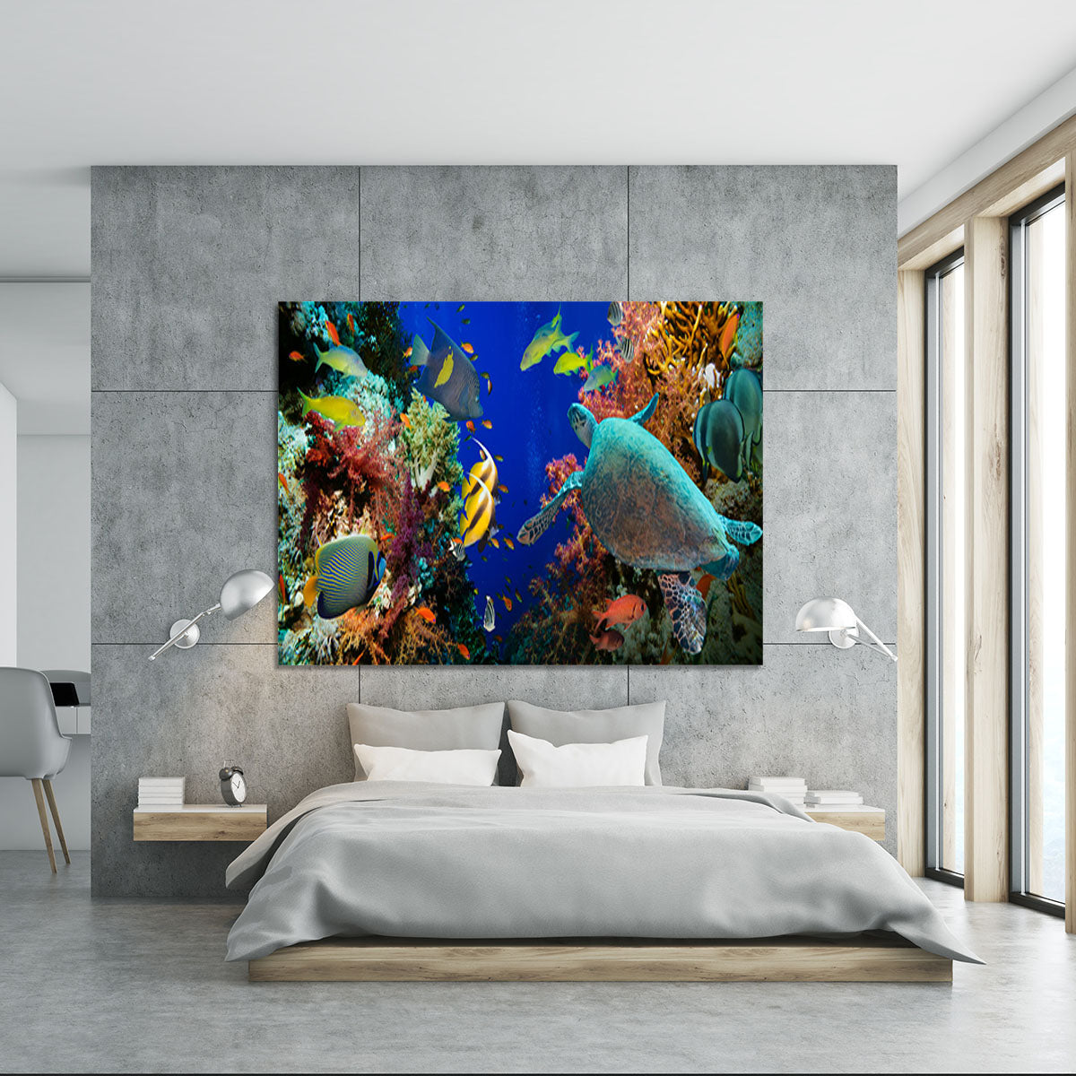 Tropical Anthias fish with net fire corals and shark on Red Sea reef Canvas Print or Poster - Canvas Art Rocks - 5