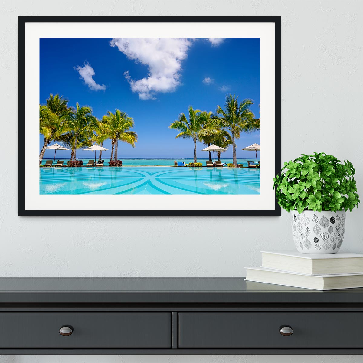 Tropical beach resort with lounge chairs Framed Print - Canvas Art Rocks - 1
