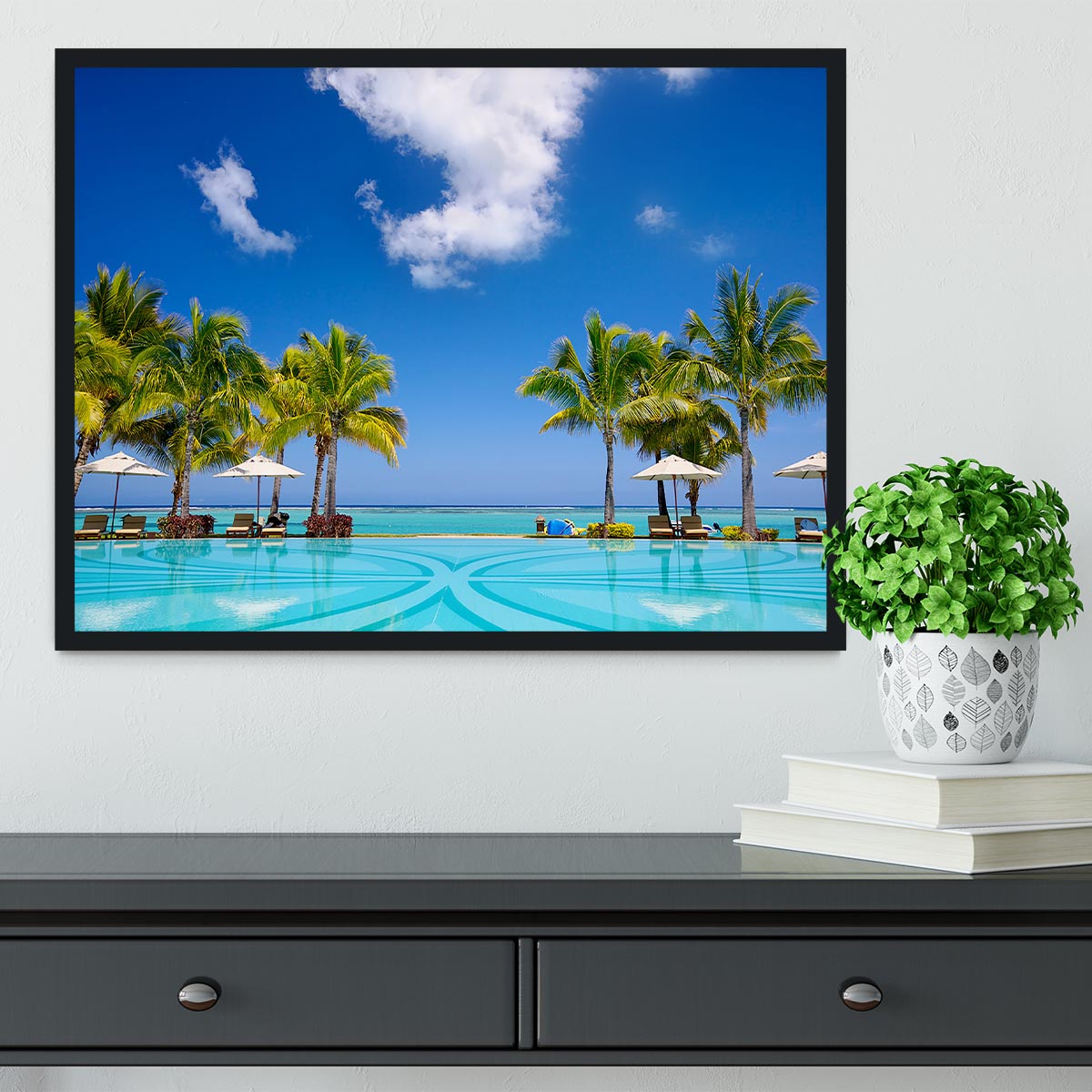 Tropical beach resort with lounge chairs Framed Print - Canvas Art Rocks - 2