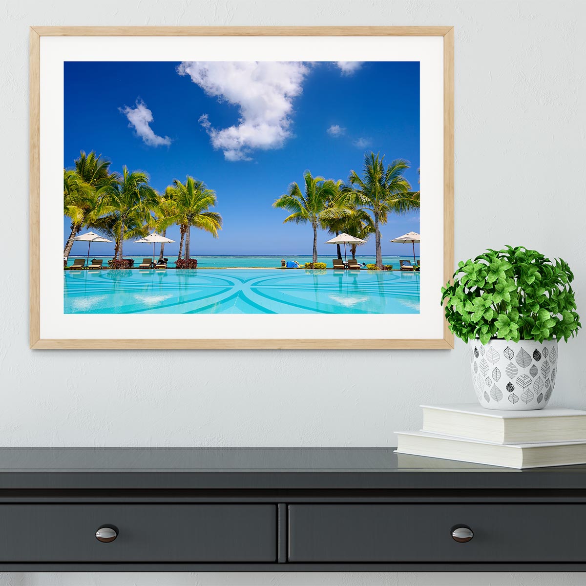 Tropical beach resort with lounge chairs Framed Print - Canvas Art Rocks - 3
