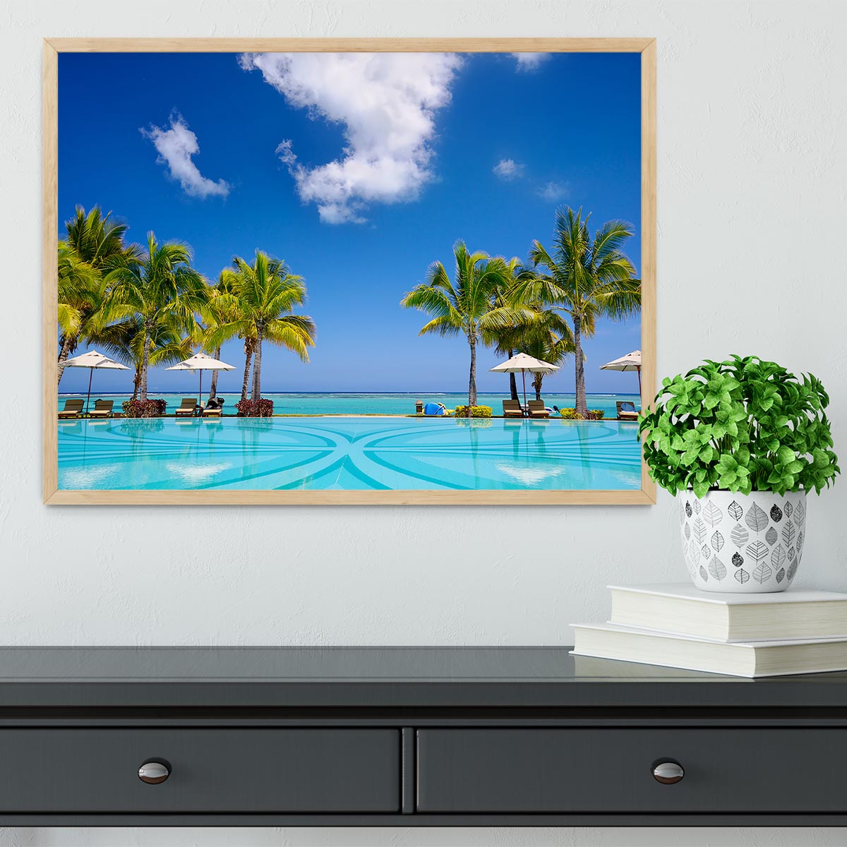 Tropical beach resort with lounge chairs Framed Print - Canvas Art Rocks - 4