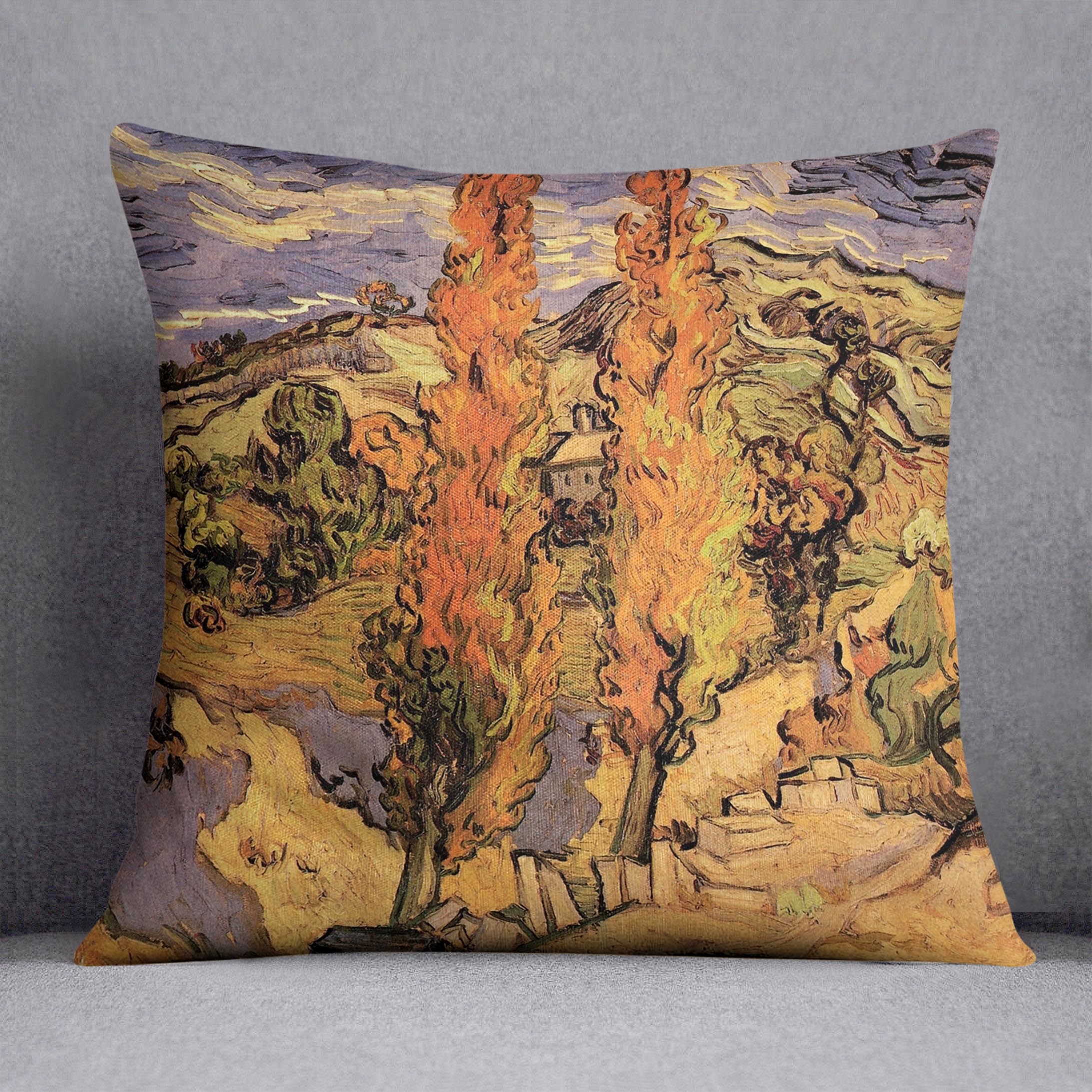 Two Poplars on a Road Through the Hills by Van Gogh Cushion