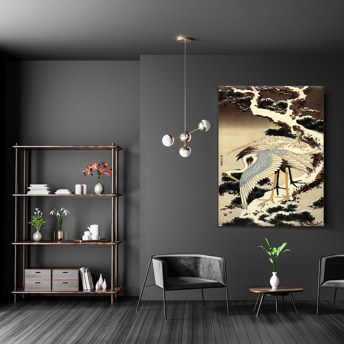 Two cranes on a pine covered with snow by Hokusai Canvas Print or Poster - Canvas Art Rocks - 5