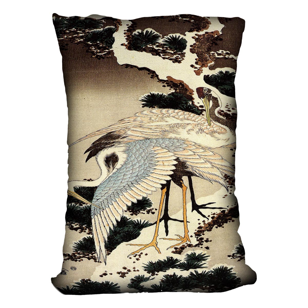 Two cranes on a pine covered with snow by Hokusai Cushion
