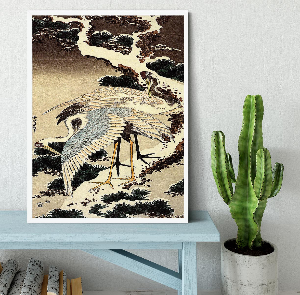 Two cranes on a pine covered with snow by Hokusai Framed Print - Canvas Art Rocks -6