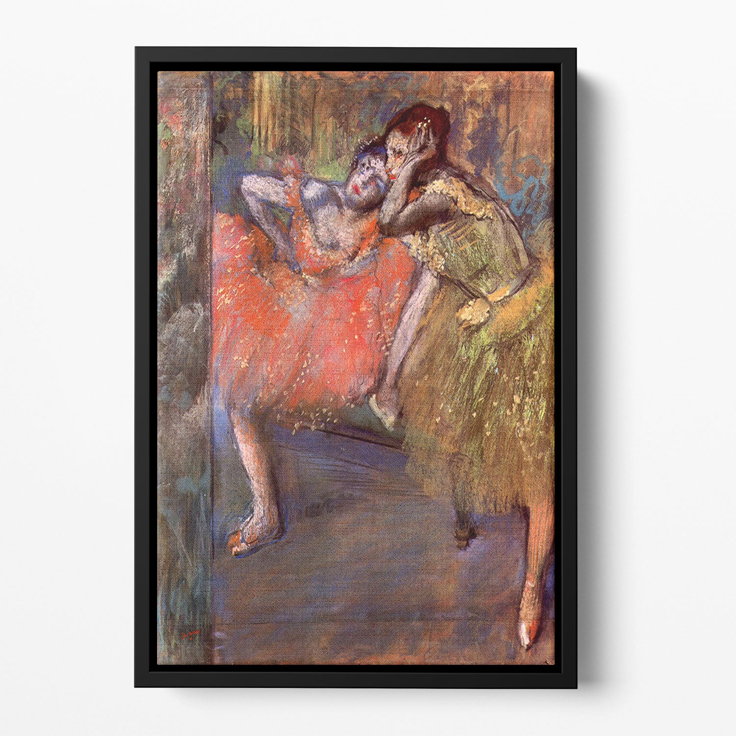 Two dancers behind the scenes by Degas Floating Framed Canvas