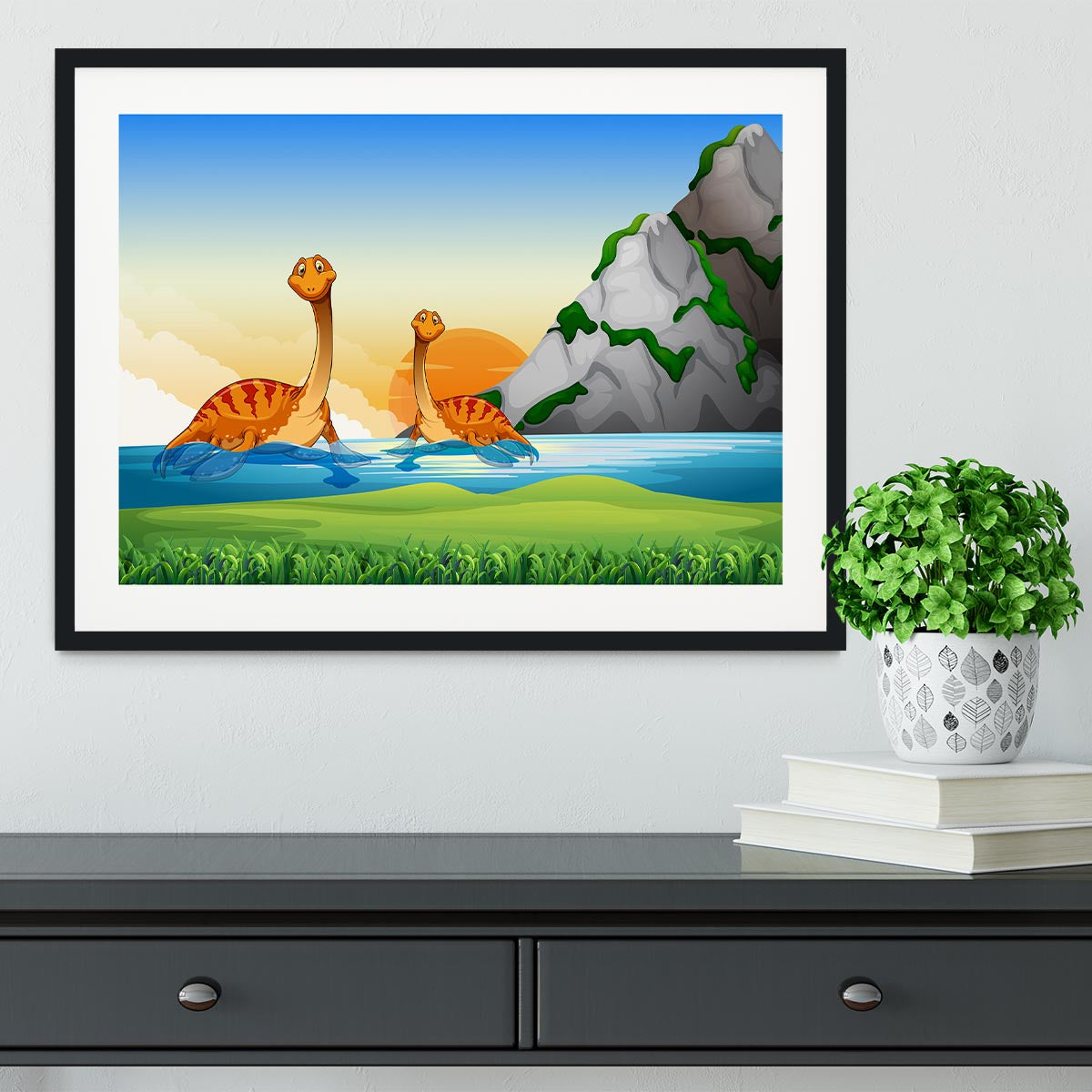 Two dinosaurs in the lake Framed Print - Canvas Art Rocks - 1
