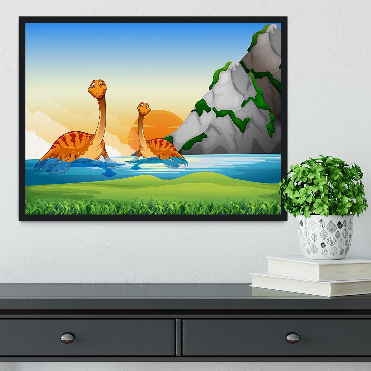 Two dinosaurs in the lake Framed Print - Canvas Art Rocks - 2