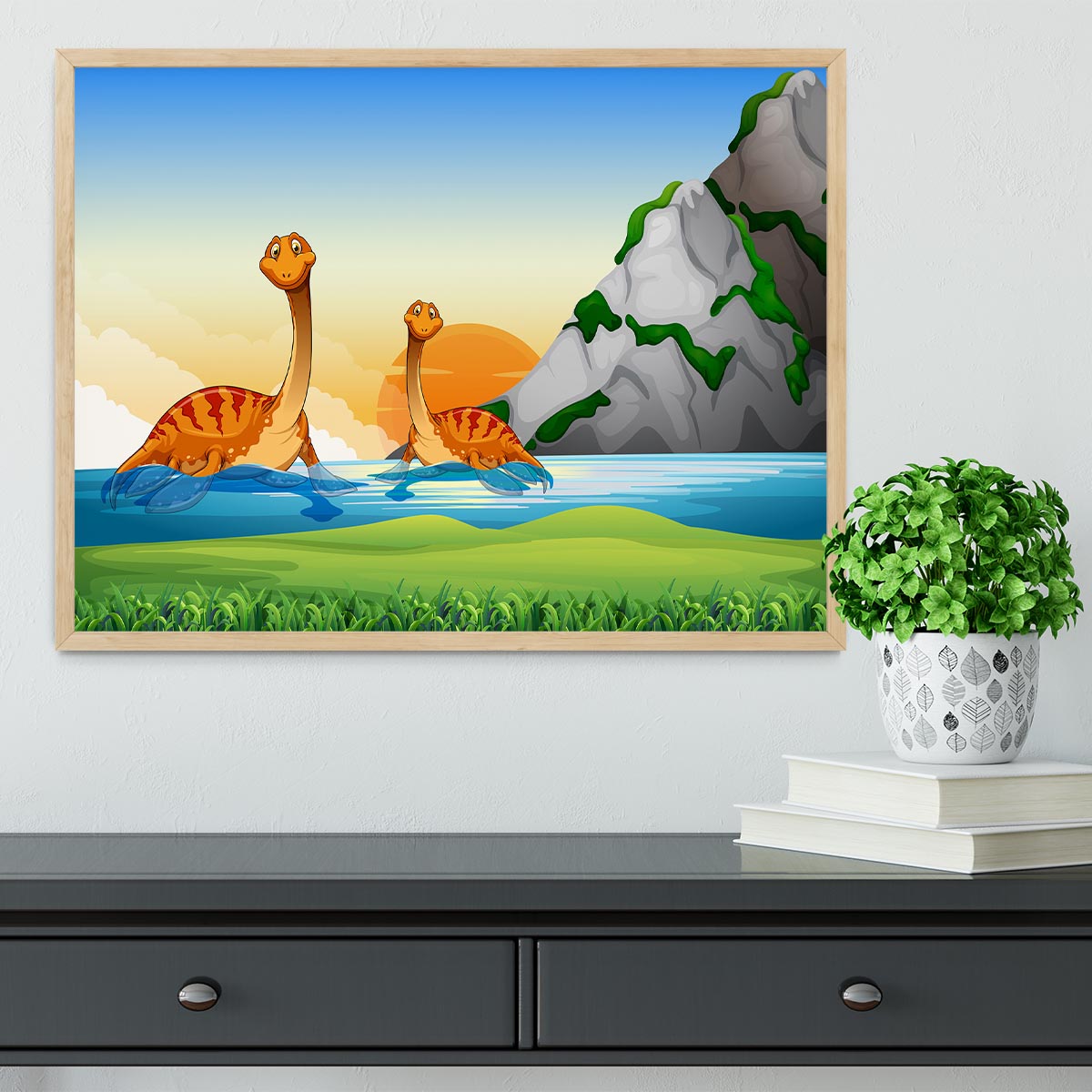 Two dinosaurs in the lake Framed Print - Canvas Art Rocks - 4