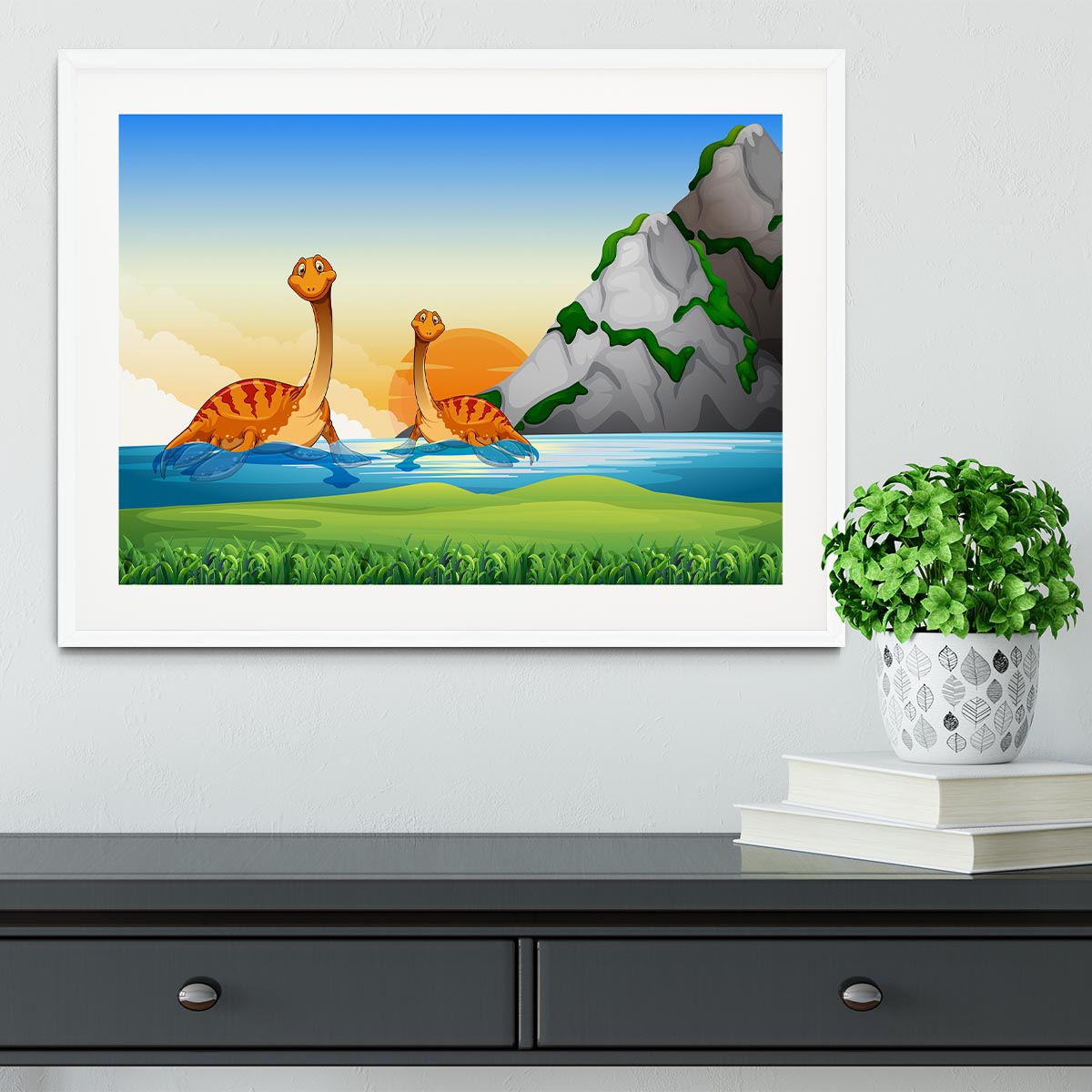 Two dinosaurs in the lake Framed Print - Canvas Art Rocks - 5