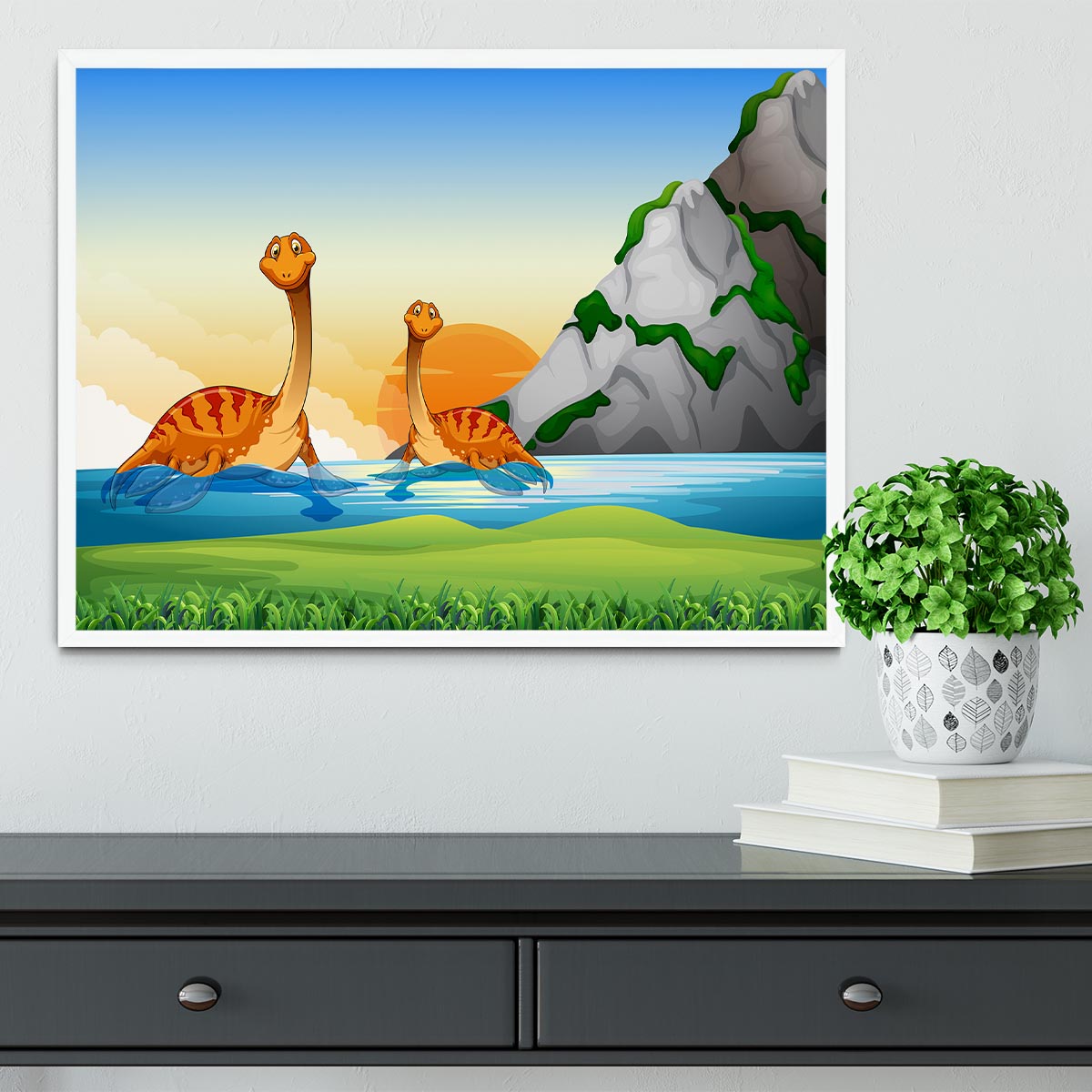 Two dinosaurs in the lake Framed Print - Canvas Art Rocks -6