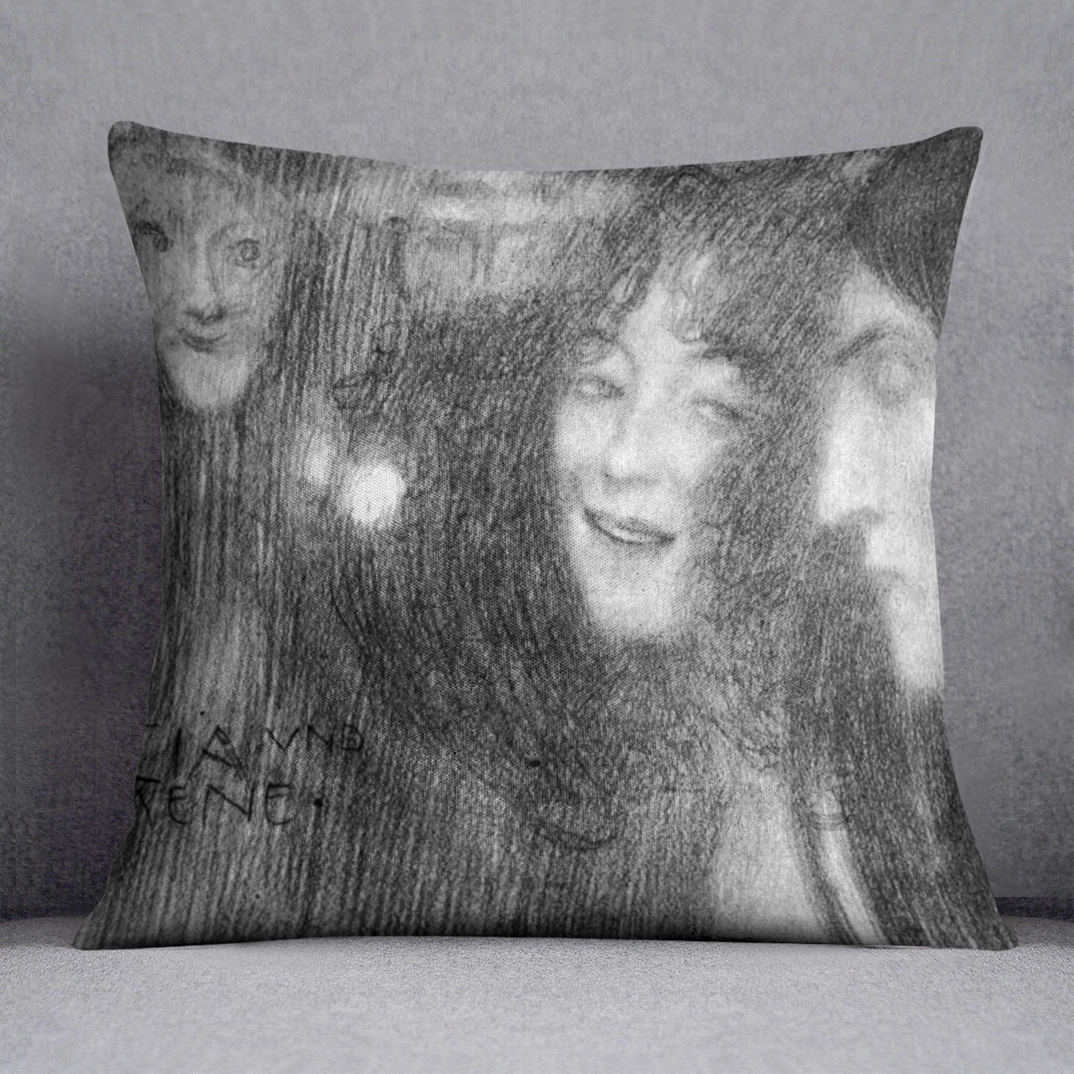 Two girls heads in profile and masks Thalia and Melpomene by Klimt Cushion