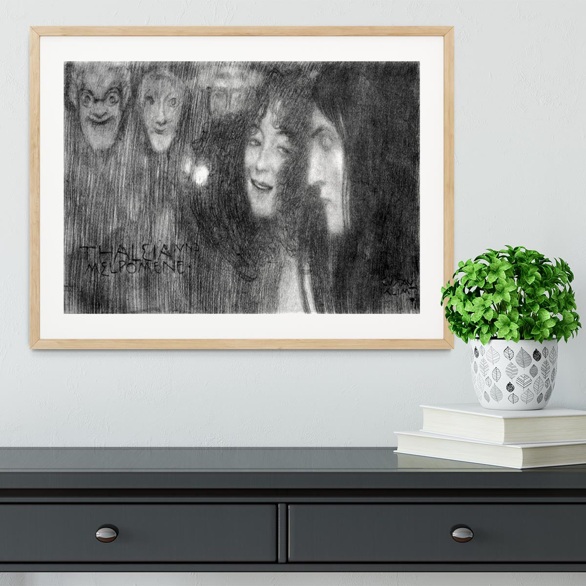 Two girls heads in profile and masks Thalia and Melpomene by Klimt Framed Print - Canvas Art Rocks - 3