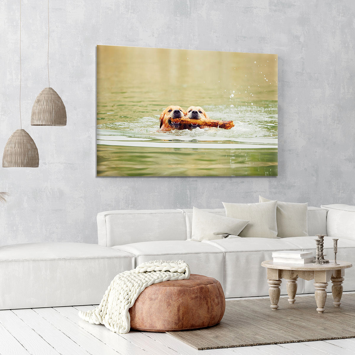 Two golden retrievers dogs are swimming with stick Canvas Print or Poster - Canvas Art Rocks - 6