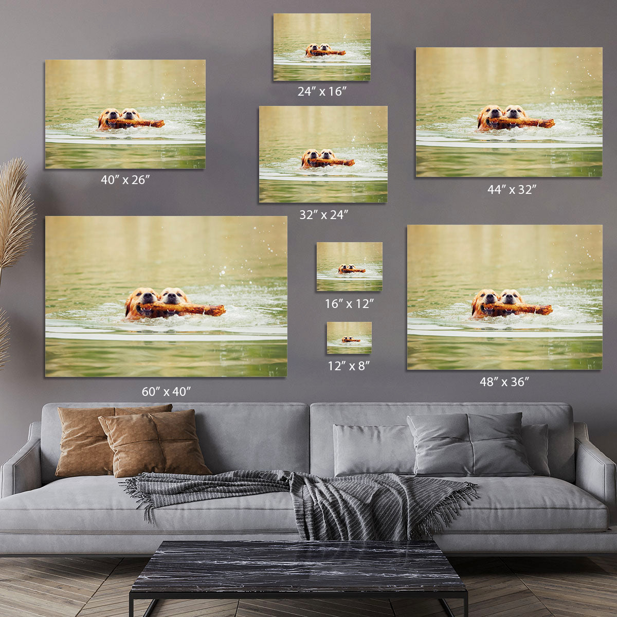 Two golden retrievers dogs are swimming with stick Canvas Print or Poster - Canvas Art Rocks - 7