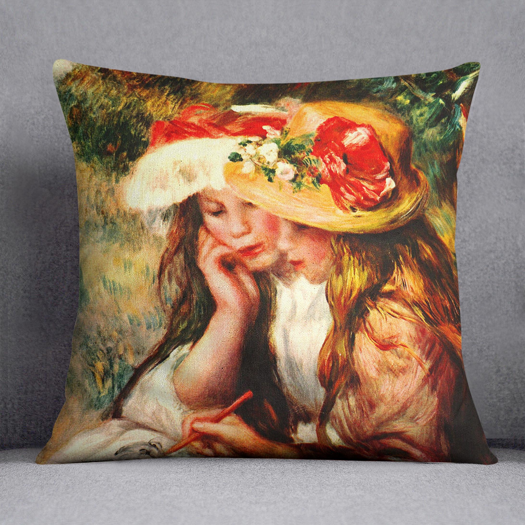 Two reading girls in a garden by Renoir Cushion