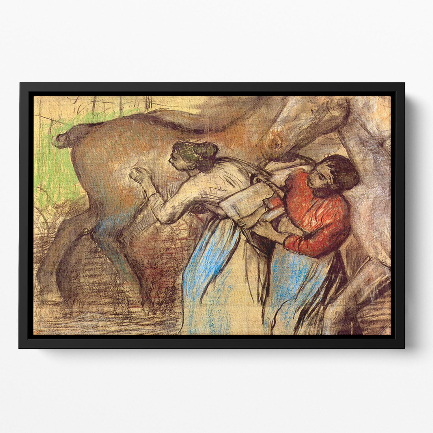 Two women washing horses by Degas Floating Framed Canvas