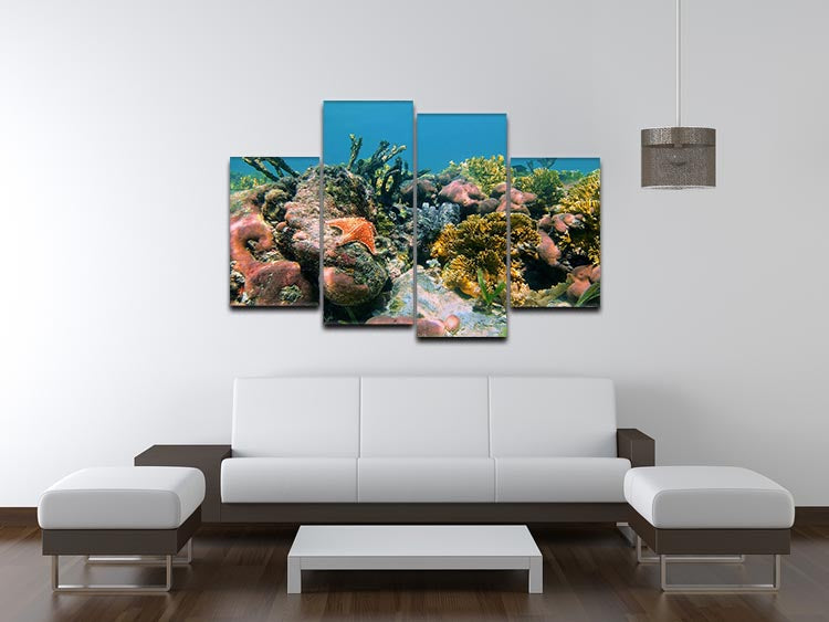 Underwater reef in the Caribbean sea with corals sponges and a starfish 4 Split Panel Canvas - Canvas Art Rocks - 3