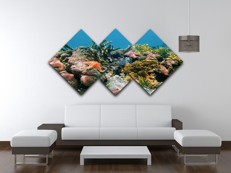 Underwater reef in the Caribbean sea with corals sponges and a starfish 4 Square Multi Panel Canvas - Canvas Art Rocks - 3