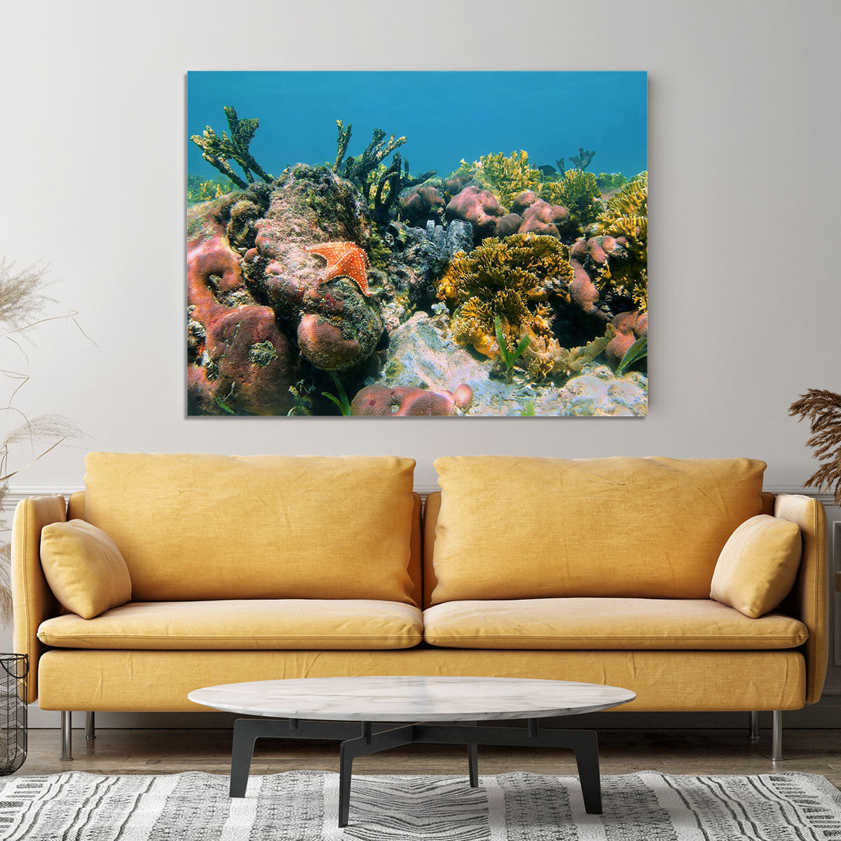 Underwater reef in the Caribbean sea with corals sponges and a starfish Canvas Print or Poster - Canvas Art Rocks - 4