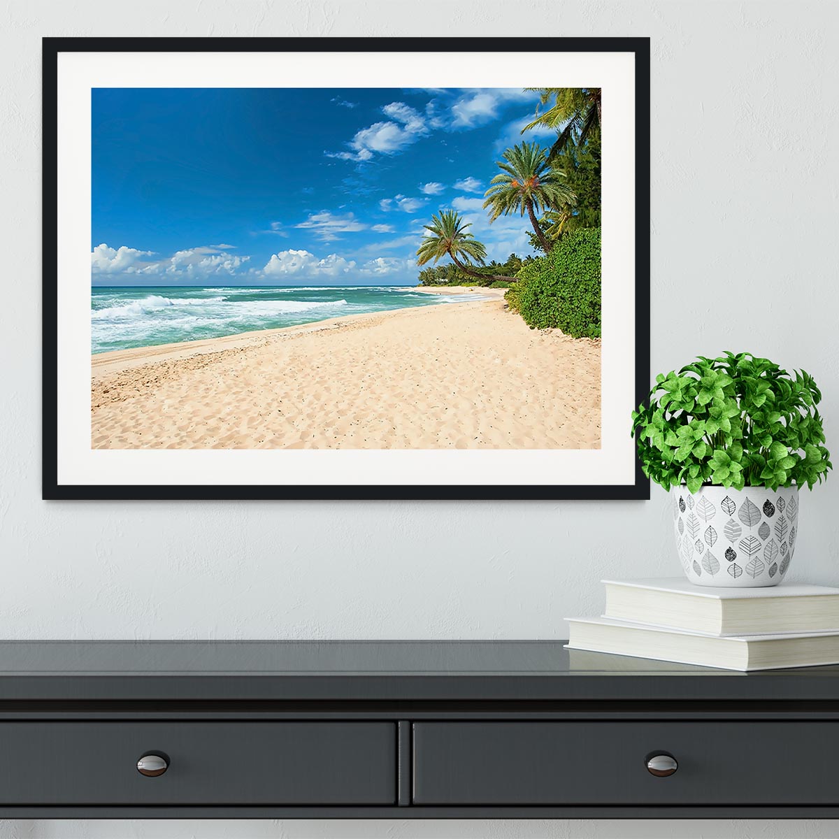 Untouched sandy beach with palms trees Framed Print - Canvas Art Rocks - 1