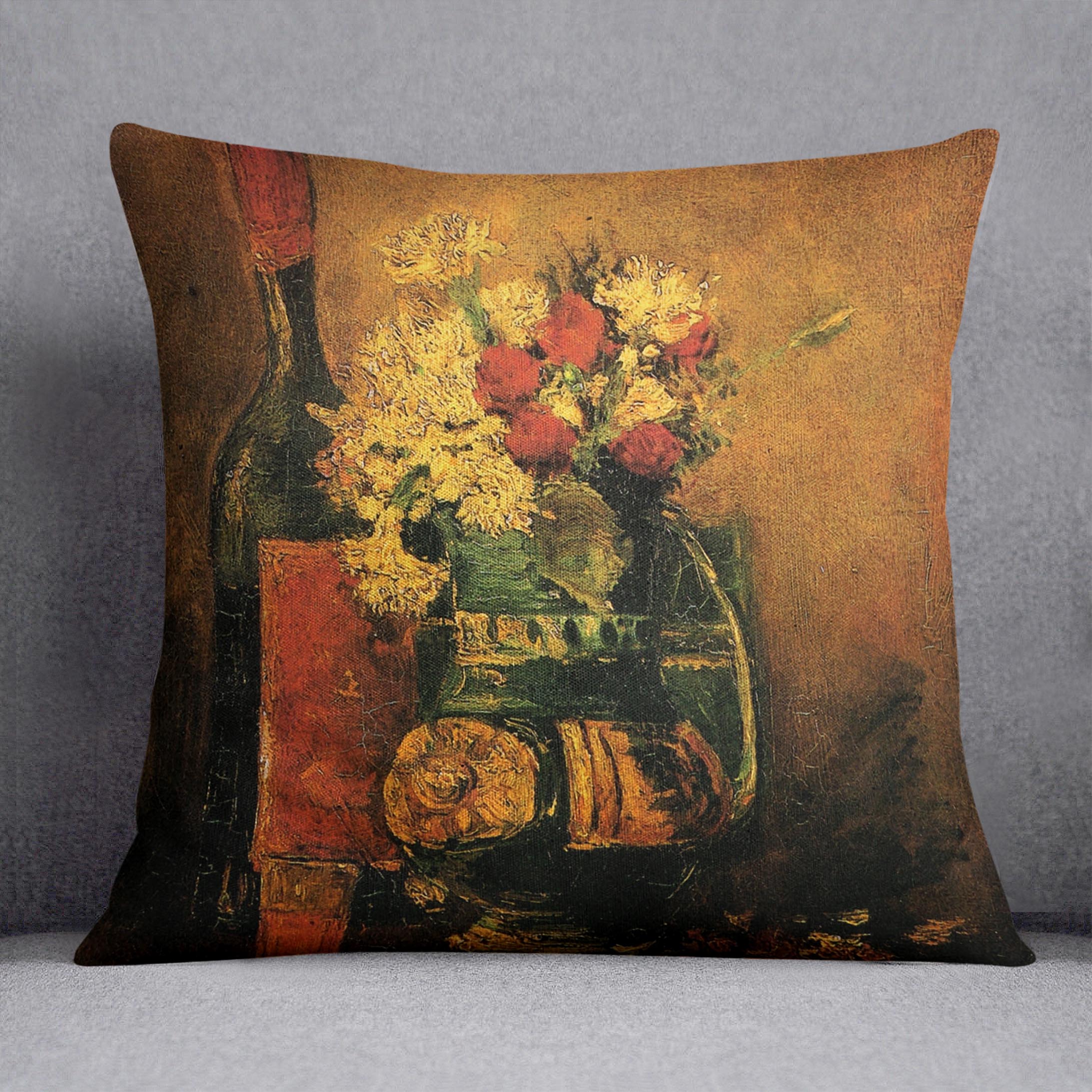 Vase with Carnations and Roses and a Bottle by Van Gogh Cushion