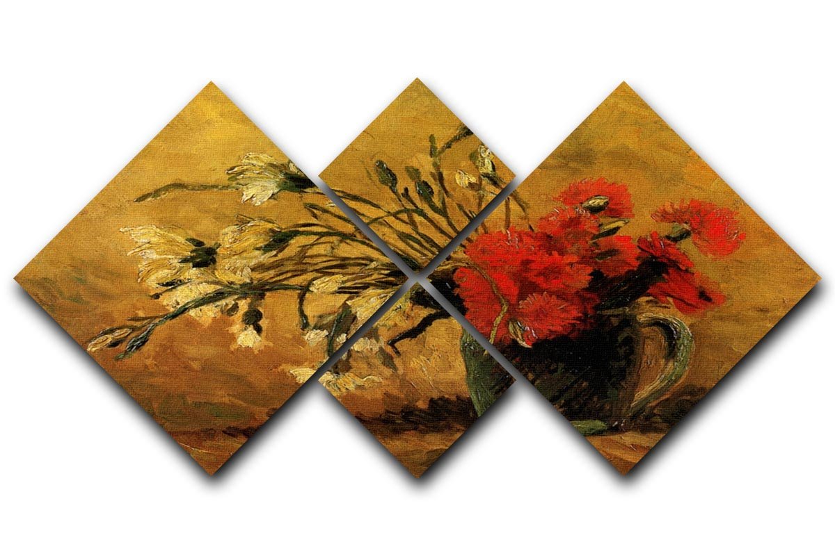 Vase with Red and White Carnations on Yellow Background by Van Gogh 4 Square Multi Panel Canvas  - Canvas Art Rocks - 1