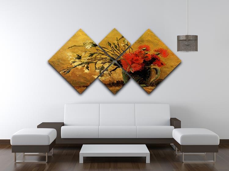 Vase with Red and White Carnations on Yellow Background by Van Gogh 4 Square Multi Panel Canvas - Canvas Art Rocks - 3