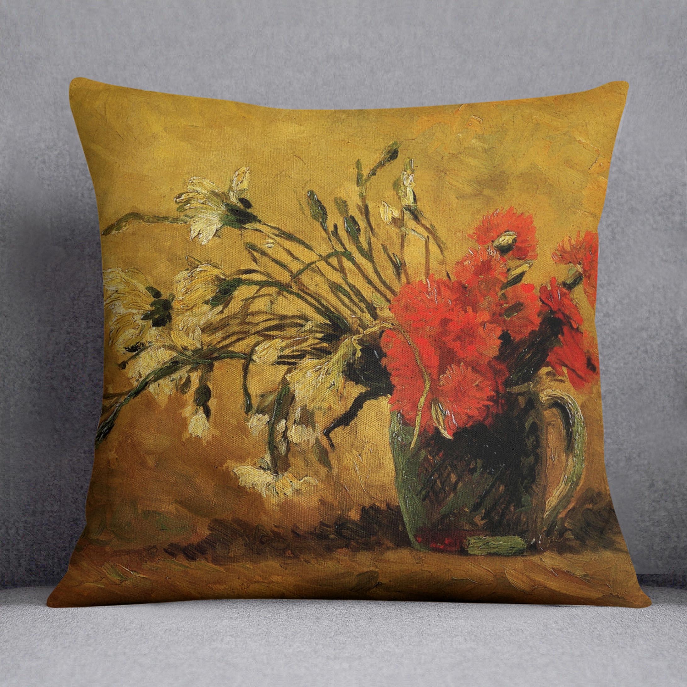 Vase with Red and White Carnations on Yellow Background by Van Gogh Cushion