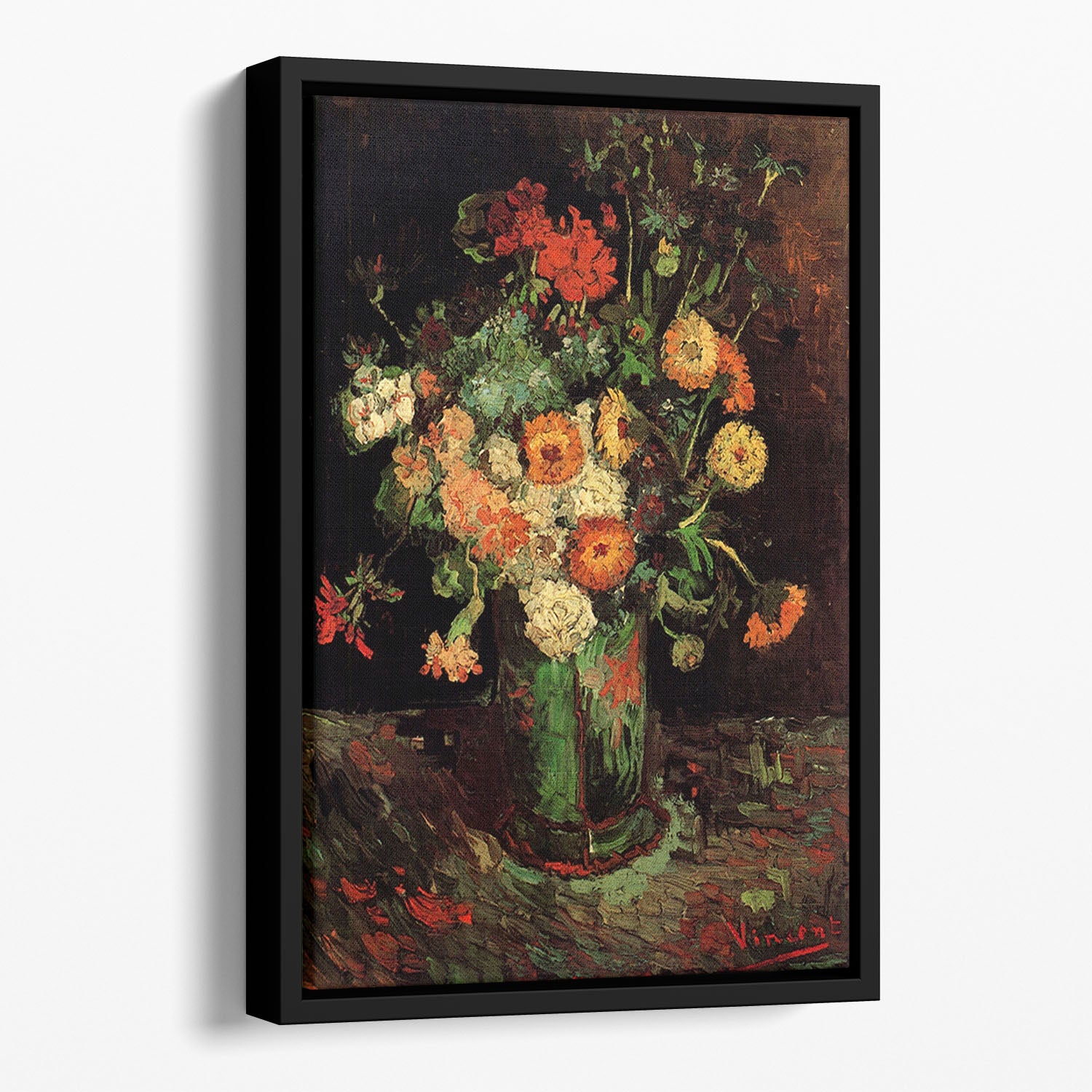 Vase with Zinnias and Geraniums by Van Gogh Floating Framed Canvas