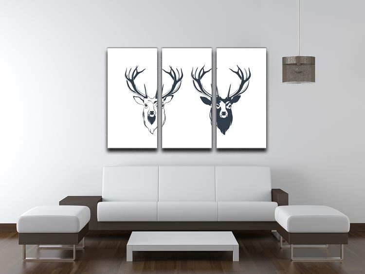 Vector Illustration of a Male Red Deer Head 3 Split Panel Canvas Print - Canvas Art Rocks - 3