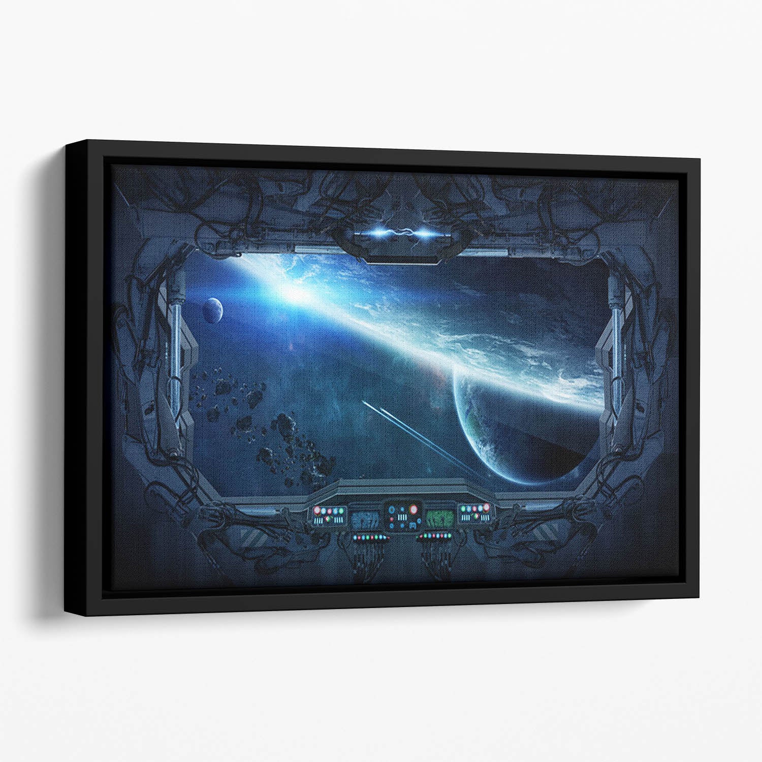View of outer space from the window of a space station Floating Framed Canvas