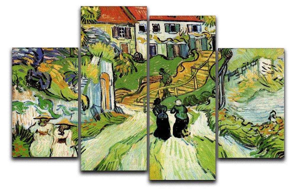 Village Street and Steps in Auvers with Figures by Van Gogh 4 Split Panel Canvas  - Canvas Art Rocks - 1