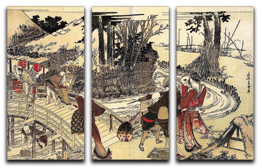 Village near a bridge by Hokusai 3 Split Panel Canvas Print - Canvas Art Rocks - 1