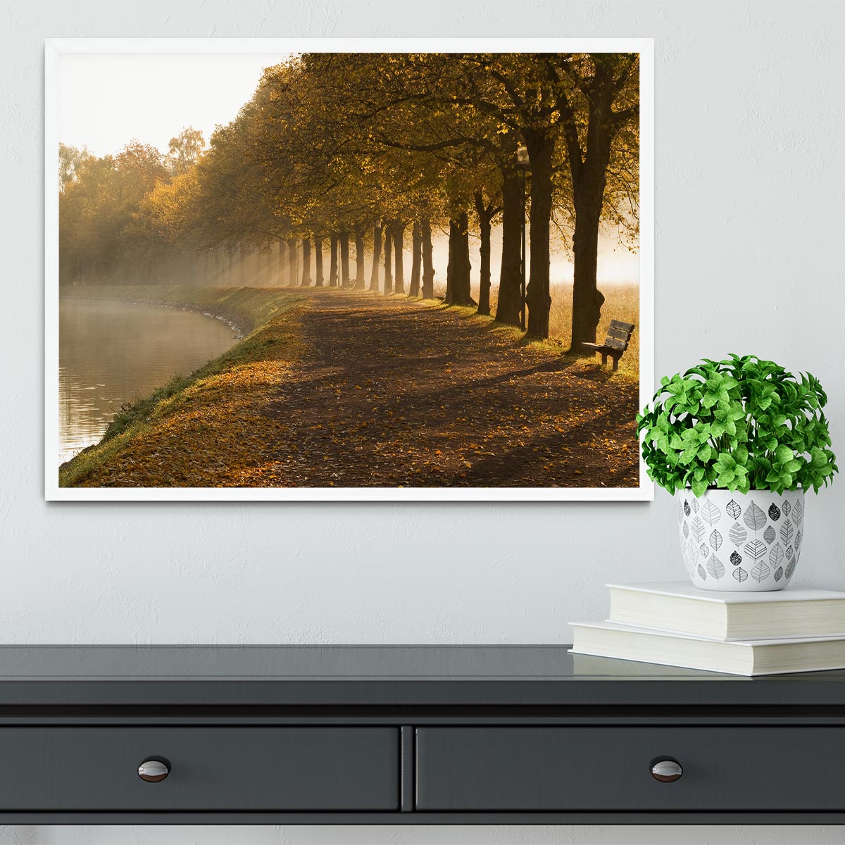 Walkway at the canal in morning Framed Print - Canvas Art Rocks -6
