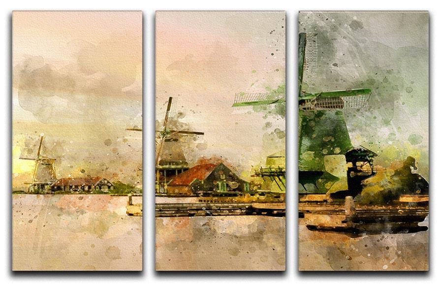Watercolour Wind Mills 3 Split Panel Canvas Print - Canvas Art Rocks - 1