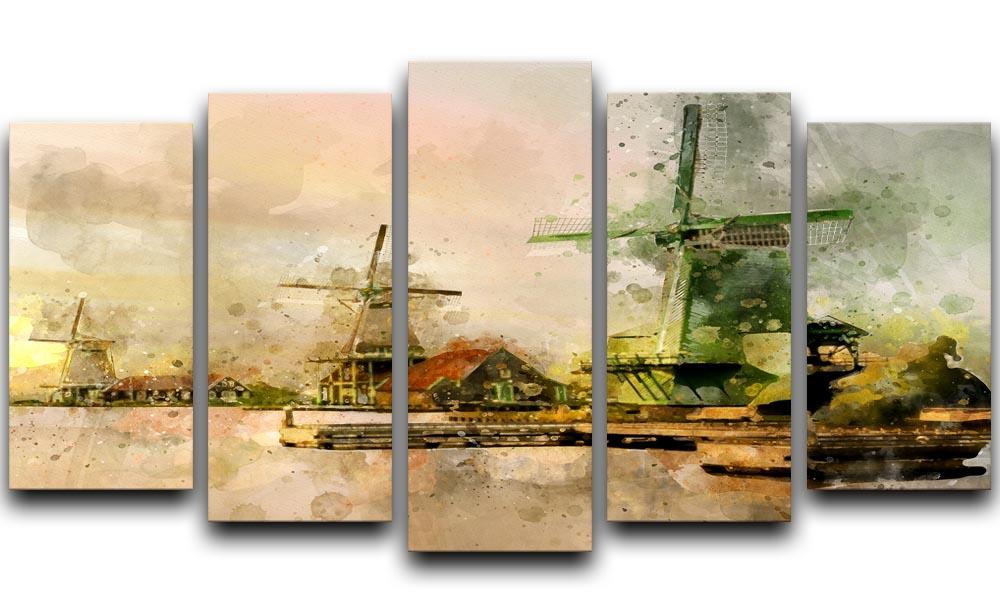 Watercolour Wind Mills 5 Split Panel Canvas  - Canvas Art Rocks - 1