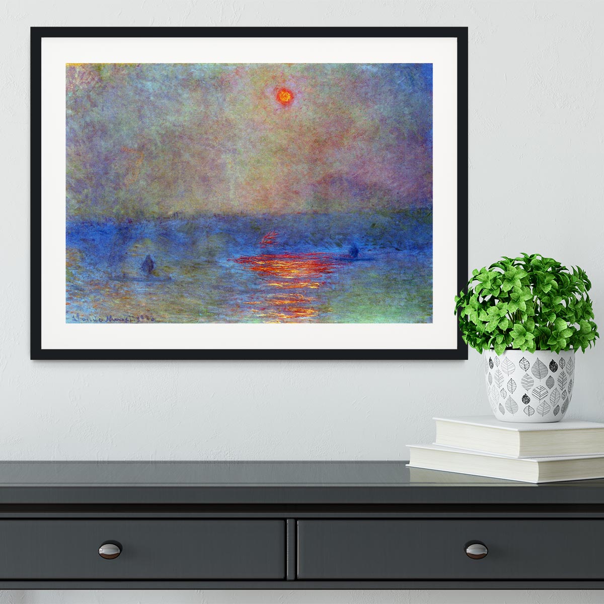 Waterloo Bridge the sun in the fog by Monet Framed Print - Canvas Art Rocks - 1