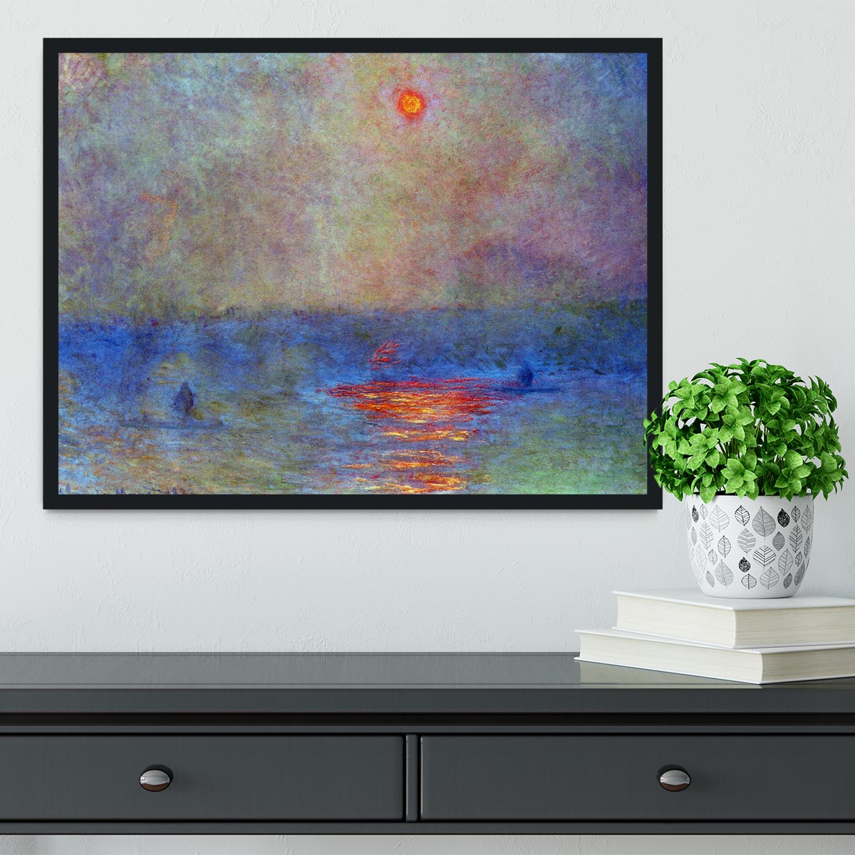 Waterloo Bridge the sun in the fog by Monet Framed Print - Canvas Art Rocks - 2