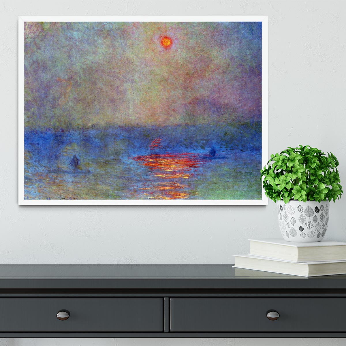 Waterloo Bridge the sun in the fog by Monet Framed Print - Canvas Art Rocks -6