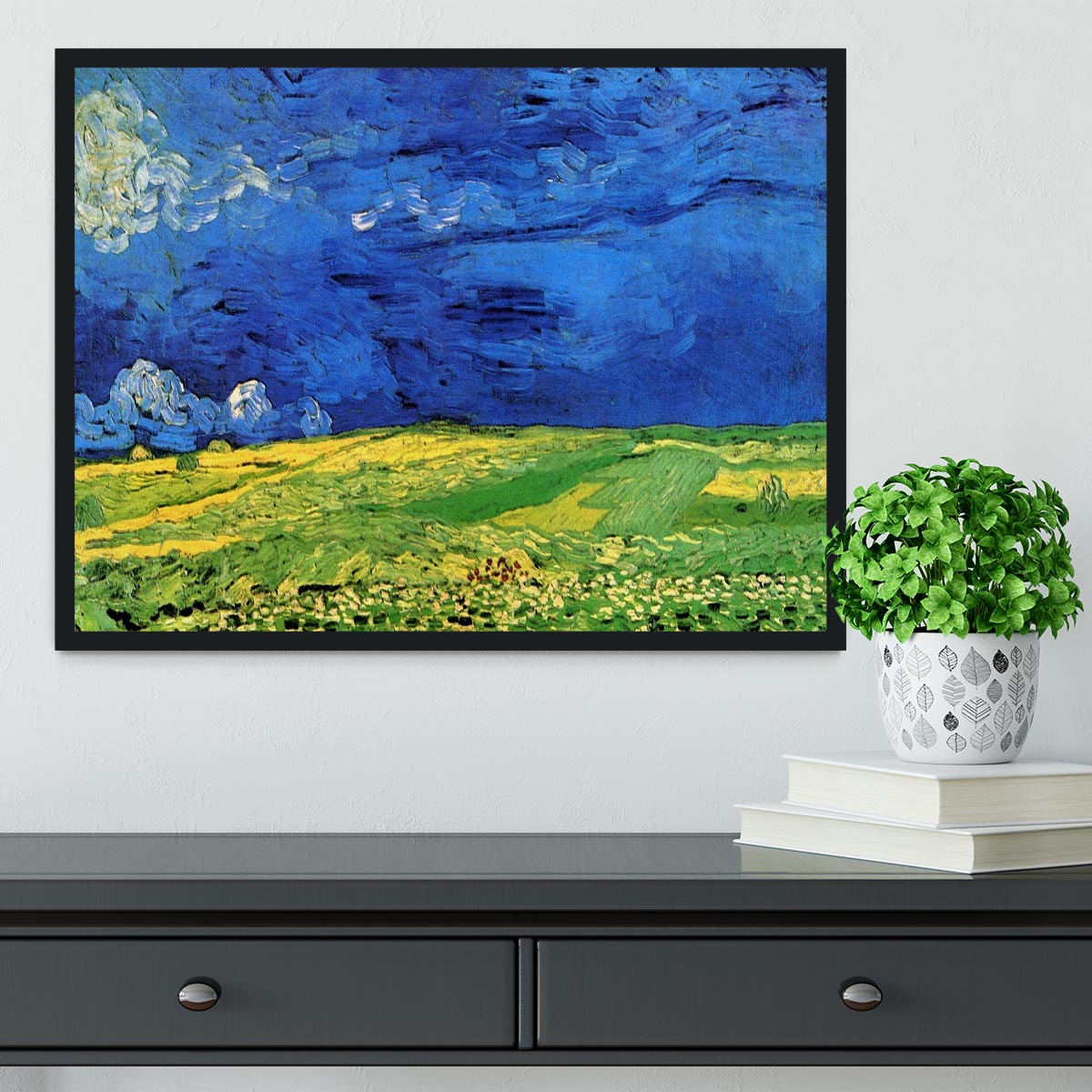 Wheat Field Under Clouded Sky by Van Gogh Framed Print - Canvas Art Rocks - 2