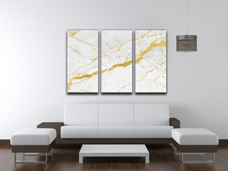 White and Gold Cracked Marble 3 Split Panel Canvas Print - Canvas Art Rocks - 3