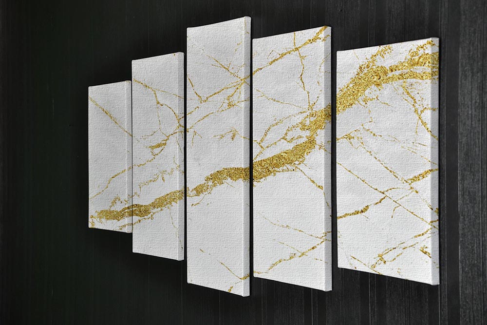 White and Gold Cracked Marble 5 Split Panel Canvas - Canvas Art Rocks - 2