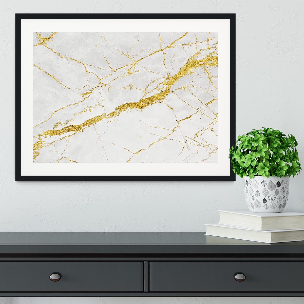 White and Gold Cracked Marble Framed Print - Canvas Art Rocks - 1