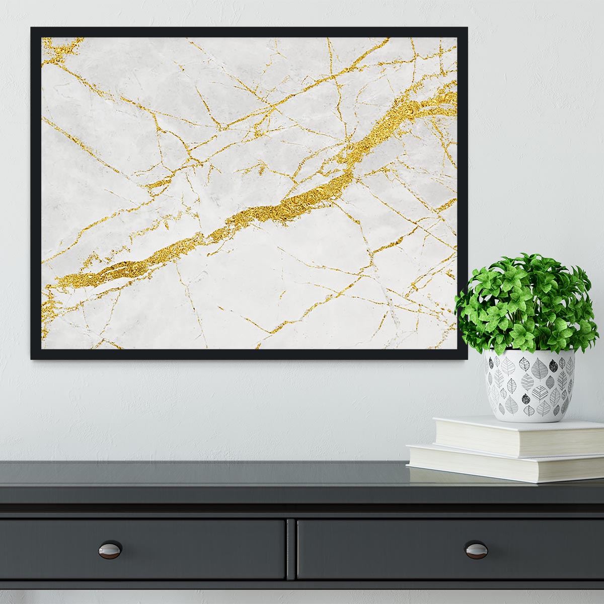 White and Gold Cracked Marble Framed Print - Canvas Art Rocks - 2